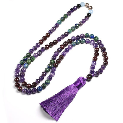 8mm Natural Garnet Necklace Chrysocola Azurite Bracelet Onyx Beads Jewelry Set, Meditation 108 Mala Handmade Tassel Yoga Gift