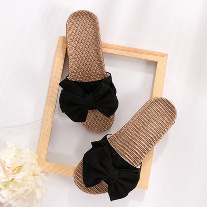 Comfortable Flax Slippers Striped Bow Linen Flip Flops