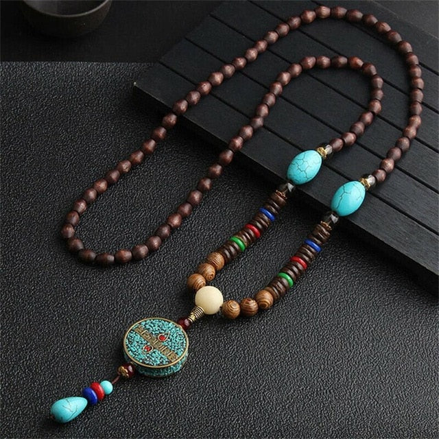 Unisex Handmade Necklace Nepal Buddhist Mala Wood Beads Pendant & Necklace