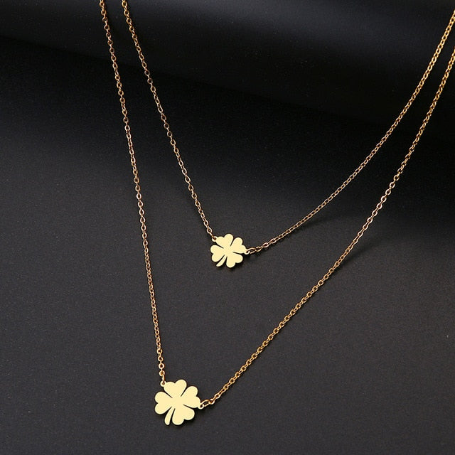 DOTIFI For Women Double Lucky Clover Cross Necklace Stainless Steel Gold and Silver Color Jewelry Gift
