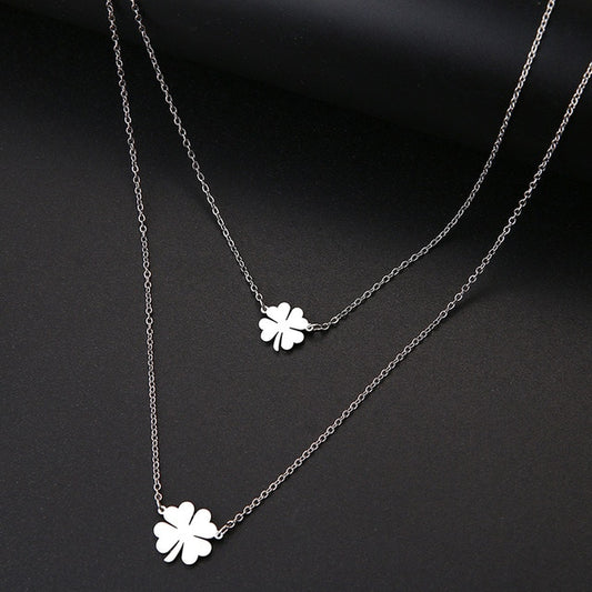 DOTIFI For Women Double Lucky Clover Cross Necklace Stainless Steel Gold and Silver Color Jewelry Gift