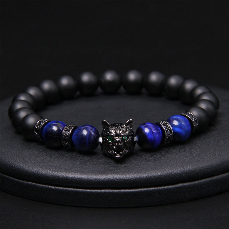 New Handmade 8mm Beaded Bracelet Men Natural Stone Blue Tiger Eye Beads Bracelet Black Wolf Head Charm Energy Bracelet Jewelry
