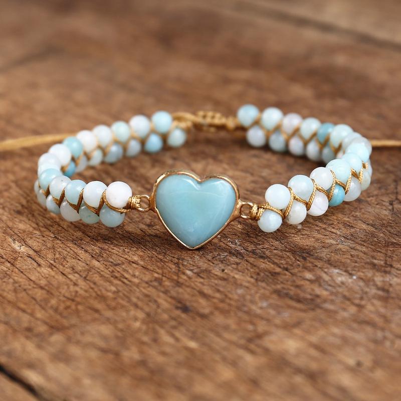 Amazonite Heart Shape Charm Bracelets String Braided Macrame Bracelets Lover Wrap Bracelet Femme Handmade Jewelry