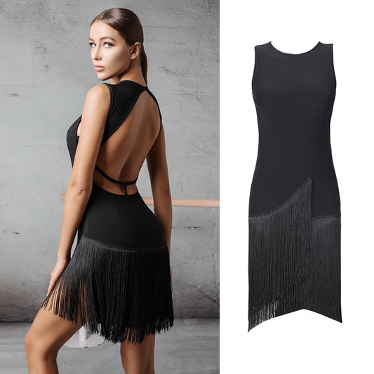 Latin Dance Dress Lady Tango Salsa Cha Cha Samba Rumba Practice Wear Black Sleeveless Sexy Backless Fringed Dresses