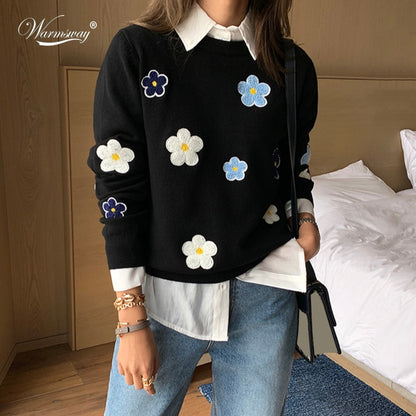 Korean Floral Emobroidery Pullover Sweater High Quality Women Elegant O Neck Knitted Tops C-089