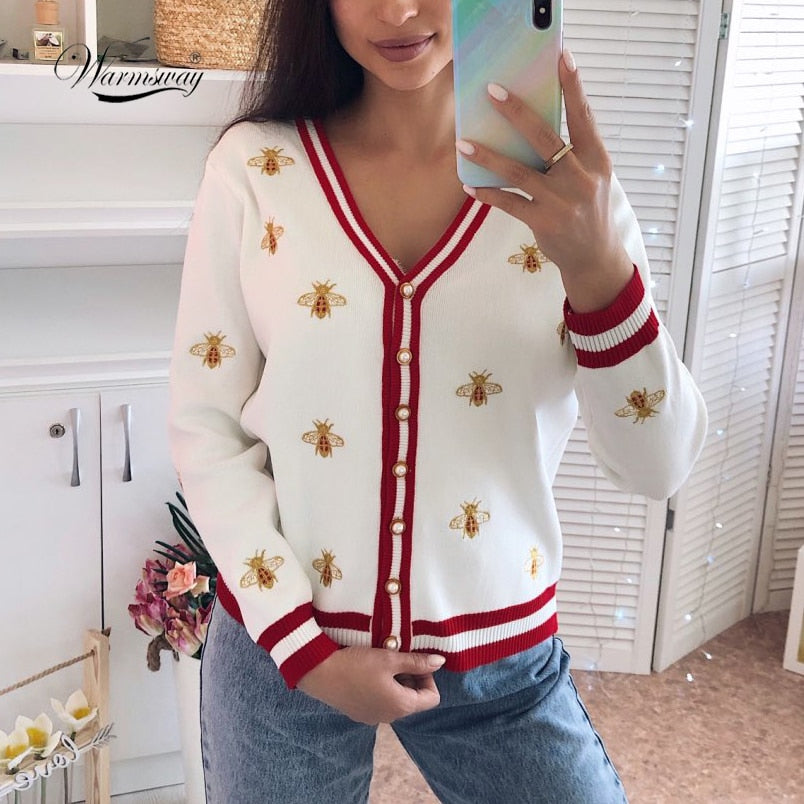 High Quality Fashion Designer Bee Embroidery Cardigan Long Sleeve Single Breasted Contrast Color Button Knitted Sweaters C-196
