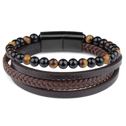 Fashion Natural Stone Beads Bracelet Multilayer Genuine Leather Braided Bracelet Stainless Steel Magnetic Clasp Bangles For Men