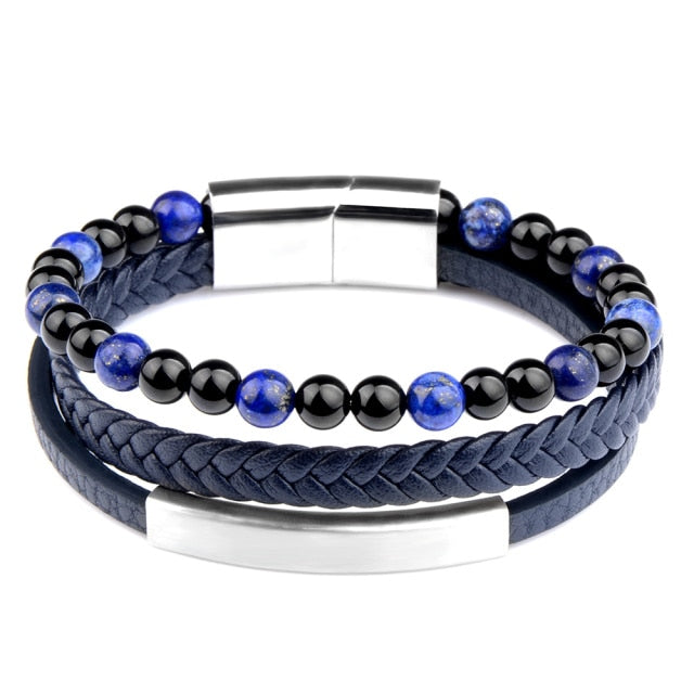 Fashion Natural Stone Beads Bracelet Multilayer Genuine Leather Braided Bracelet Stainless Steel Magnetic Clasp Bangles For Men