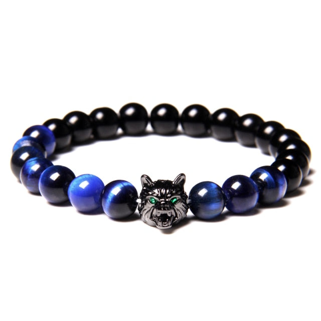 New Handmade 8mm Beaded Bracelet Men Natural Stone Blue Tiger Eye Beads Bracelet Black Wolf Head Charm Energy Bracelet Jewelry