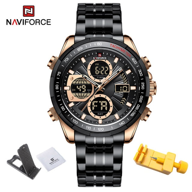NAVIFORCE Military Watches for Men Luxury Genuine Leather Strap Sport WristWatch Waterproof Quartz Big Clock Digital Male Watch