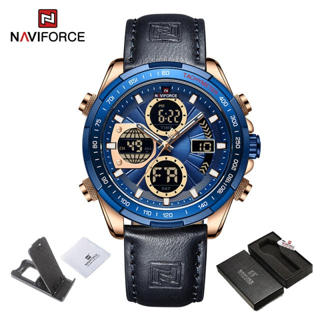 NAVIFORCE Military Watches for Men Luxury Genuine Leather Strap Sport WristWatch Waterproof Quartz Big Clock Digital Male Watch