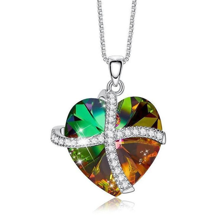 Crystals Rainbow Pave Heart Ribbon  Necklace